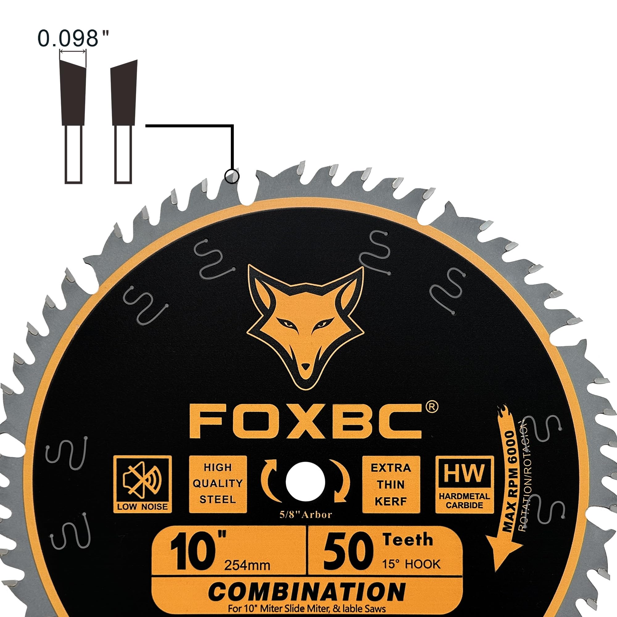 FOXBC 10 Inch Combination Saw Blade, 50-Tooth, Wood Cutting, 5/8-Inch Arbor