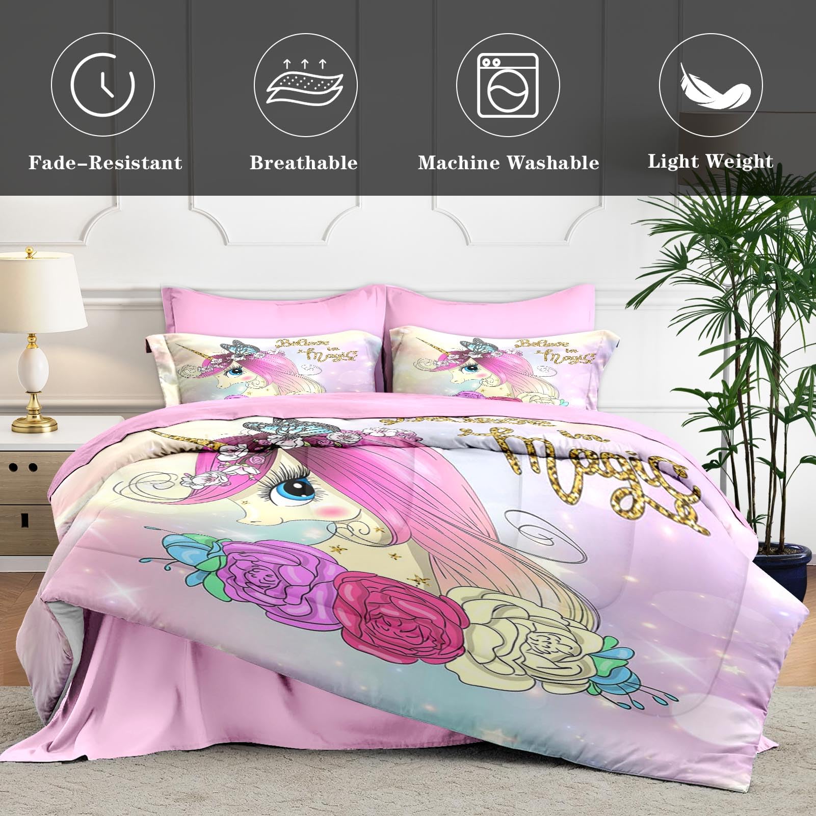 WeCozy 7 Pcs Full Size Comforter Set with 2 Pillowcases & 2 Shams, Cute Unicorn Butterfly Bedding Set for Kids and Adults, Princess Flower Horse Bed in a Bag with Flat Sheet and Fitted Sheet