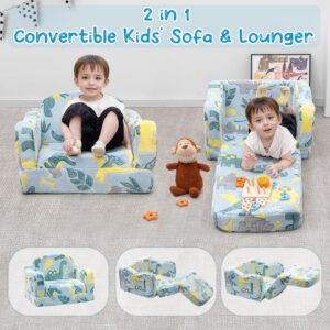 Airpanda Comfy Toddler Couch and Chair for Kids with Blanket, 2-in-1 Soft Plush Fold Out Kids Sofa Chairs for Girls and Boys, Convertible Sofa to Lounger for Playroom, Glowing Dinosaur