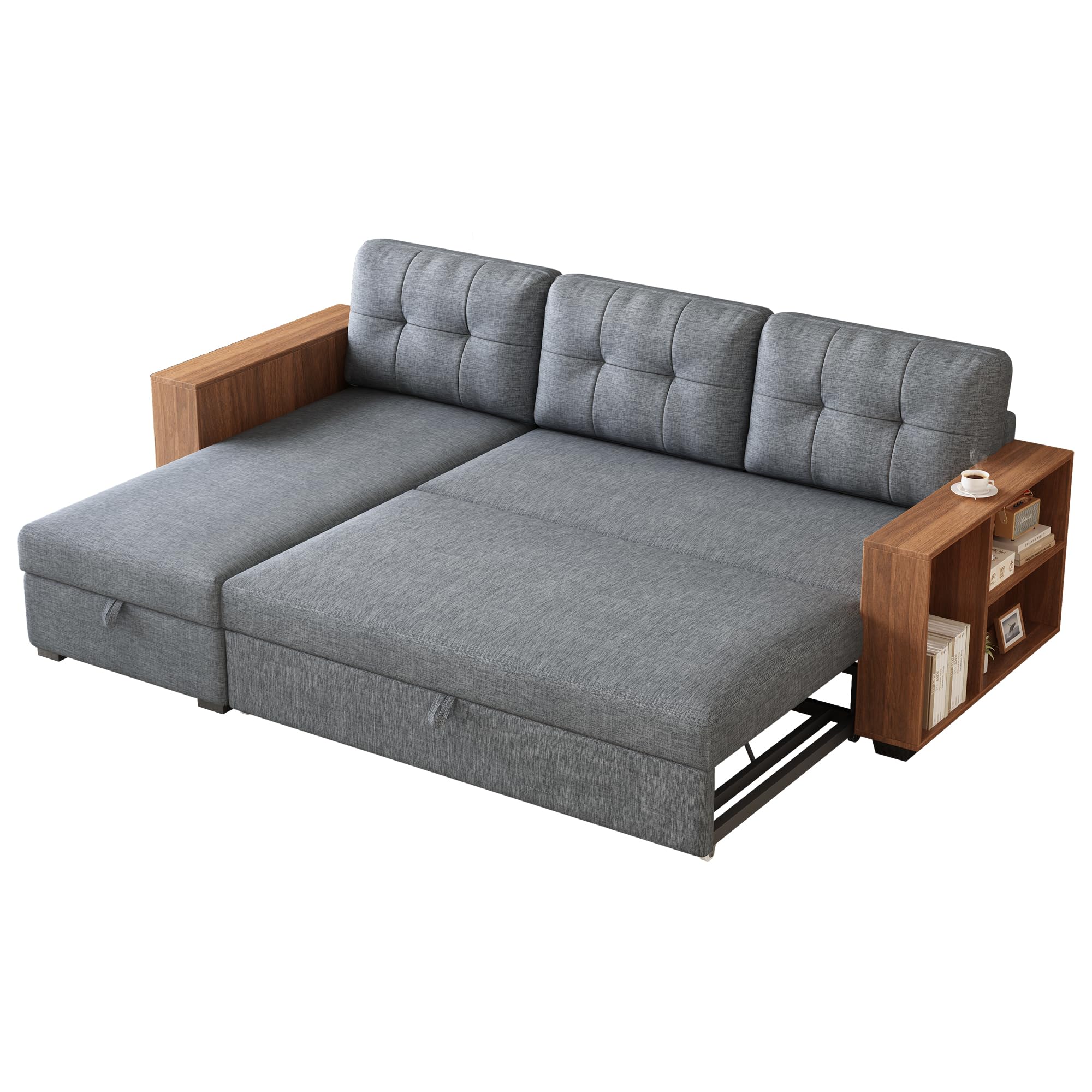 CAPCAEK Convertible Sectional Sofa Couch,L-Shaped Sofa,Linen Fabric,Sleeper Sofa,Pull Out Couch Bed,with Storage Chaise for Apartments with Two Small Counters (Light Grey)