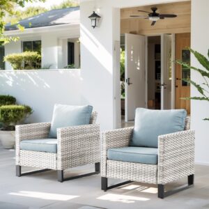 hummuh outdoor chairs pe wicker patio dining chairs set of 2 metal frame porch chairs with 4 inch seat light blue cushions