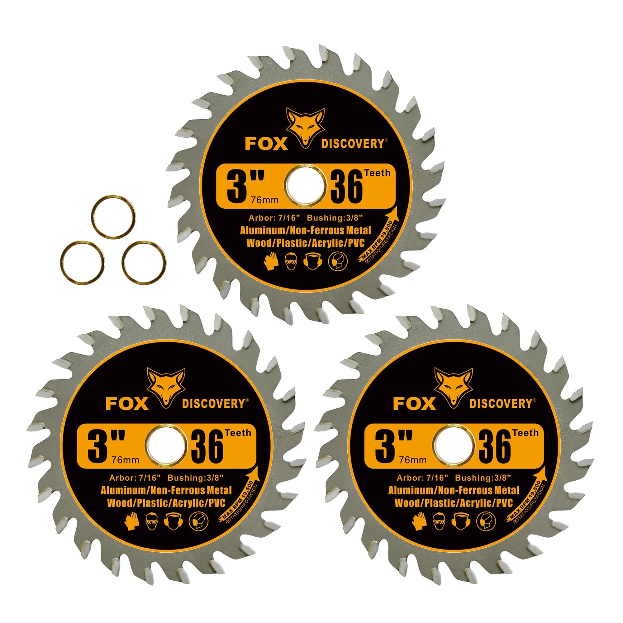 Fox Discovery 3 Inch 36T Circular Saw Blade Compatible with Dremel Saw-MAX, DeWalt, RotoZip Saws, Rigid 3" Multi-Material Saw, Cuts for Woods, Plastic, PCV, Acrylic, Aluminum, 7/16" Arbor - 3 Pack