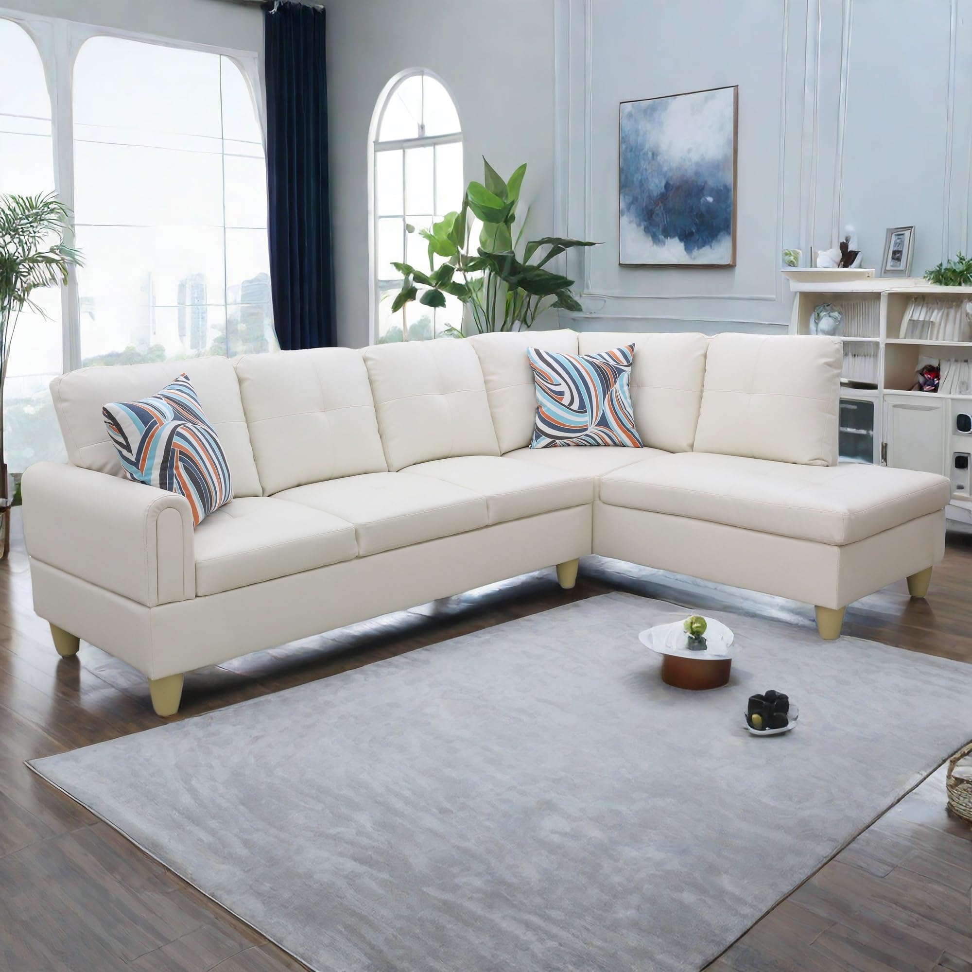 NicBex Sectional Couches for Living Room 2 Pieces Modern Sectional Sofa with Right Chaise Sectional Couch with Solid Frame Classic L Shape Sectional Sofa Set with Faux Leather, White