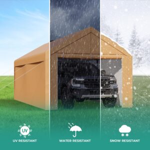 MIXPATIO 10 x 20 ft Heavy Duty Carport Car Canopy, Portable Car Port Garage Tent with Removable Sidewalls & Doors, Galvanized Car Shelter All Weather with Reinforced Steel Frame for Car, Boat, Beige