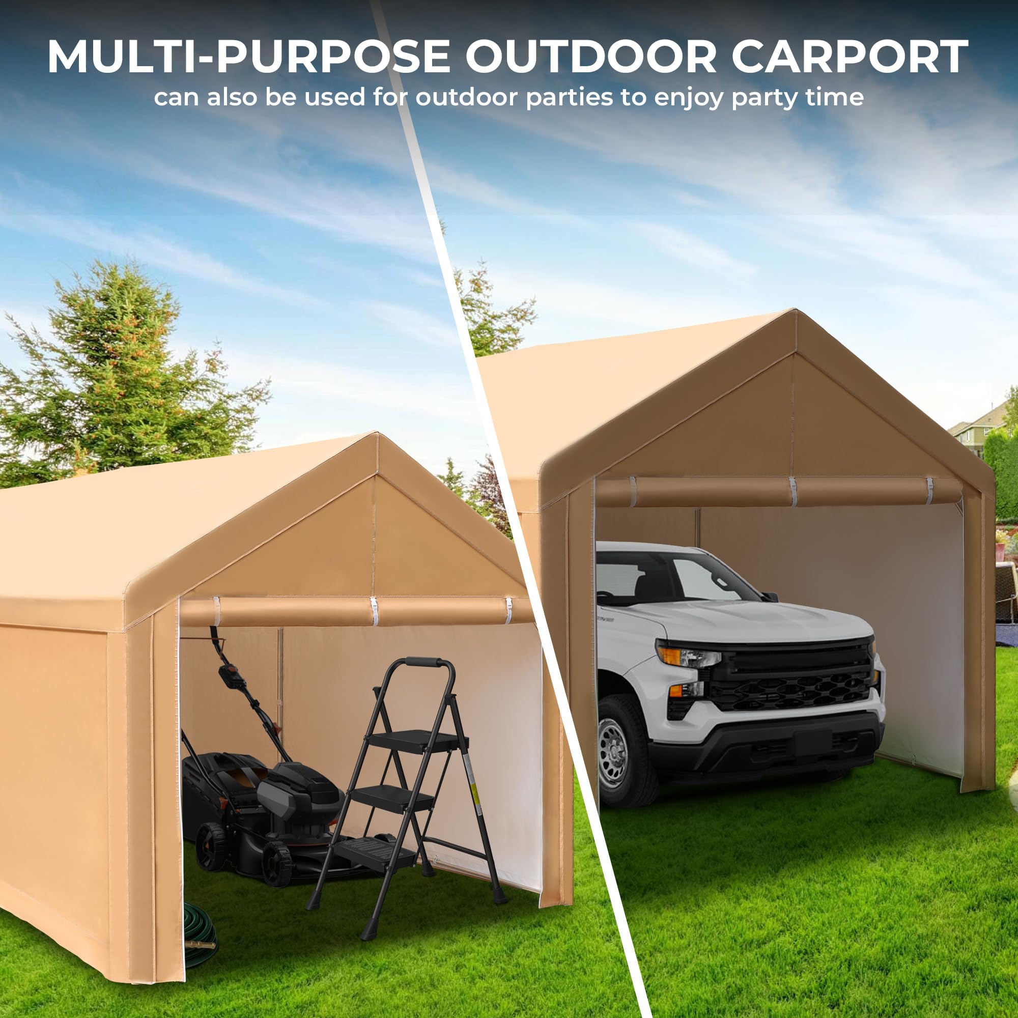 MIXPATIO 10 x 20 ft Heavy Duty Carport Car Canopy, Portable Car Port Garage Tent with Removable Sidewalls & Doors, Galvanized Car Shelter All Weather with Reinforced Steel Frame for Car, Boat, Beige