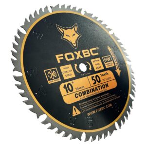 FOXBC 10 Inch Combination Saw Blade, 50-Tooth, Wood Cutting, 5/8-Inch Arbor