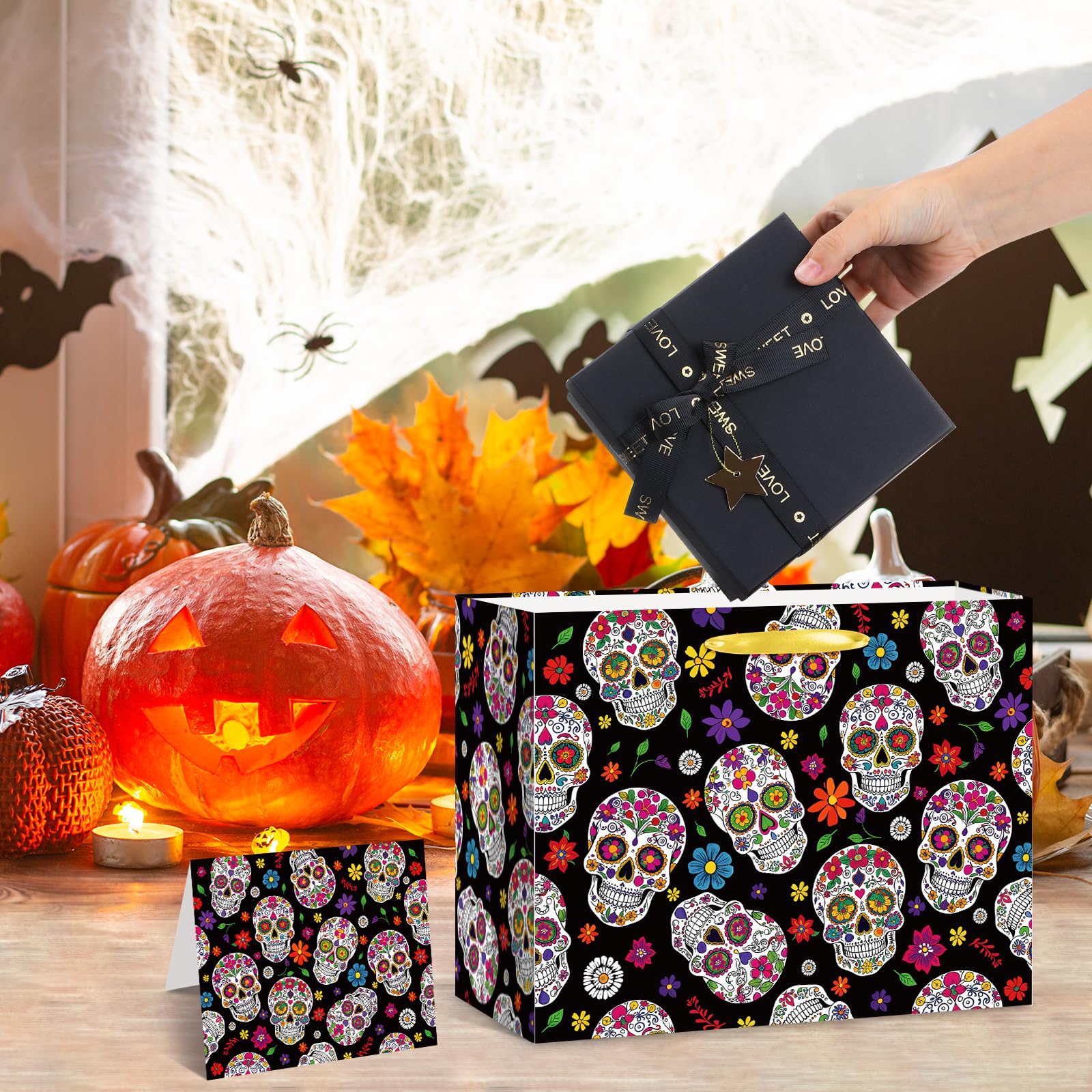 LUUFILx Day of The Dead Gift Bags Dia De Los Muertos Wrapping Paper with Greeting Card Halloween Party Gift Bags Trick or Treat Candy Bags Skull for Halloween Mexican Fiesta Party Favors Supplies