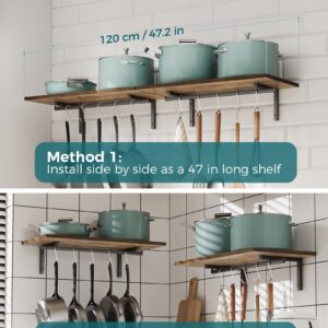 OROPY 2 Pack Wooden 23.6'' Pot Pan Hanging Rack Wall Mounted with 10 S Hooks, Set of 2 Large Pot Wall Holder Kitchen Shelves for Utensils, Cookware