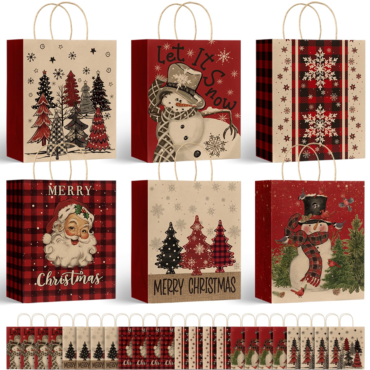 Horaldaily 24 Christmas Gift Paper Bags Bulk with handles Wrapping, Buffalo Plaid Santa Christmas Trees Snowman Xmas Holiday Presents(24 Large)