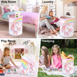 Clastyle Large Rainbow Unicorn Kid Laundry Hamper for Girl Collapsible Pink Flower Clothes Toy Storage Basket with Lid for Nursery