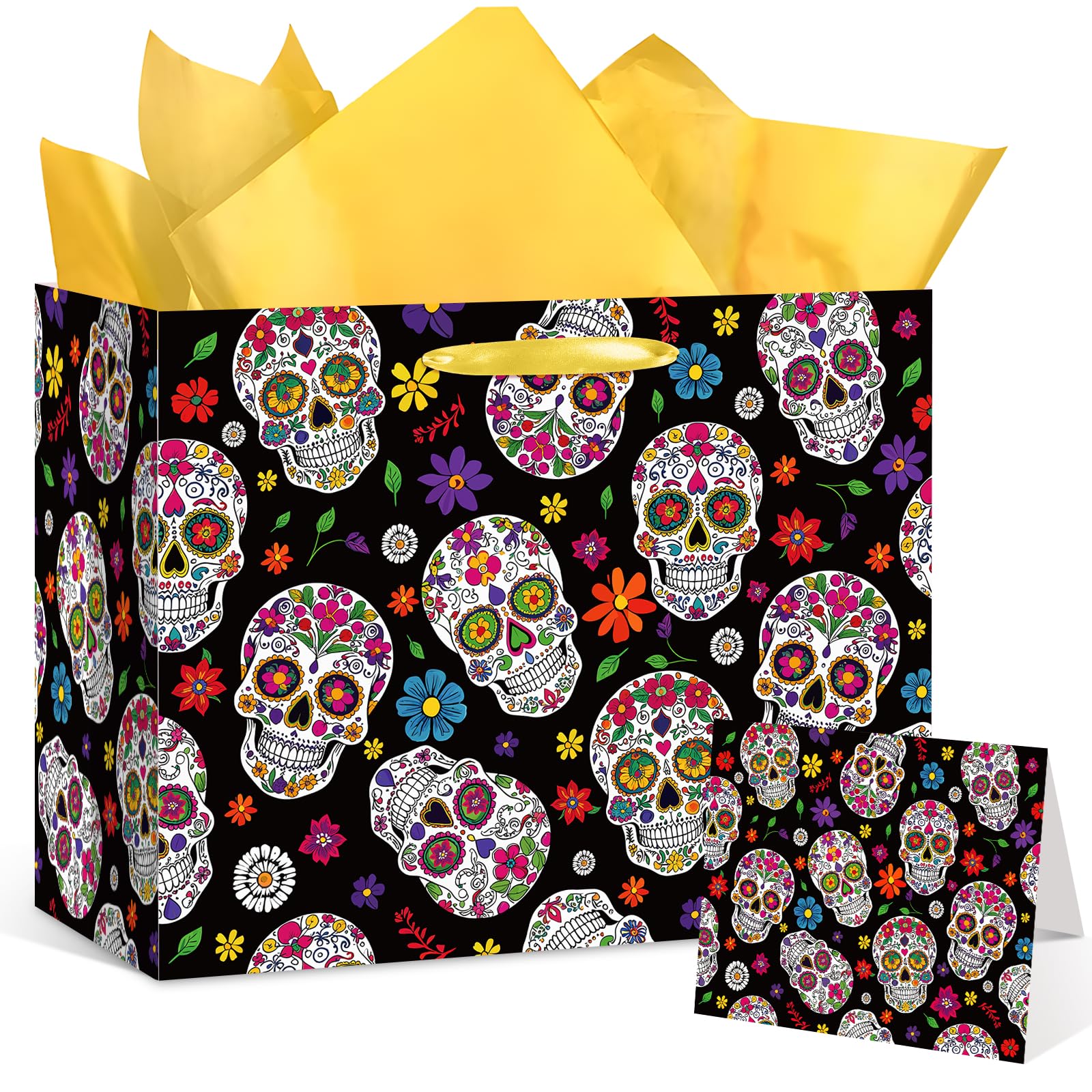 LUUFILx Day of The Dead Gift Bags Dia De Los Muertos Wrapping Paper with Greeting Card Halloween Party Gift Bags Trick or Treat Candy Bags Skull for Halloween Mexican Fiesta Party Favors Supplies