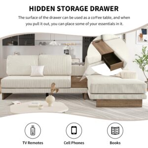 P PURLOVE L-Shaped Sectional Sofa with 2 USB Ports and 2 Power Sockets, Corduroy Couch with a Storage Drawer and a Reversible Chaise Lounge for Living Room (Beige)