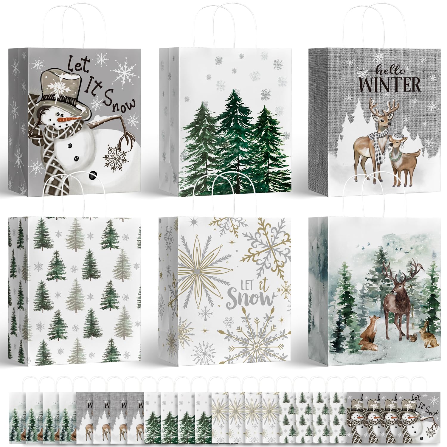 Horaldaily 24 Christmas Gift Paper Bags Bulk with handles Wrapping, Christmas Trees Snow Snowman Deer Holiday Presents(24 Large)