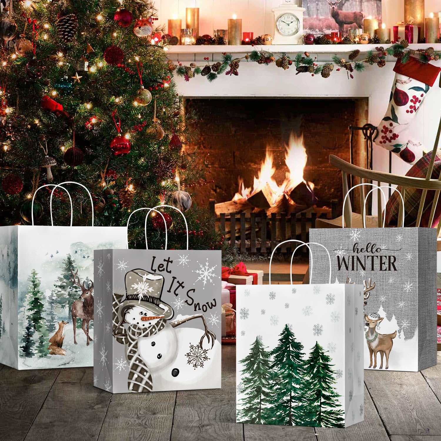 Horaldaily 24 Christmas Gift Paper Bags Bulk with handles Wrapping, Christmas Trees Snow Snowman Deer Holiday Presents(24 Large)