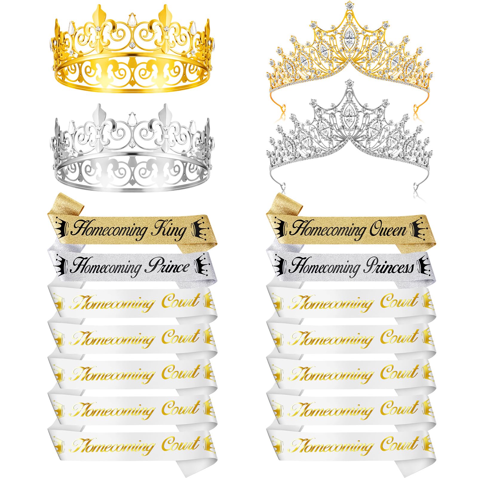 Ferreve 14 Pcs Homecoming Party Prom Sashes Set Include Homecoming King Queen Prince Princess Sashes Homecoming Court Sash with Pins, 4 Metal Crown for Men Women Crown School Party Accessories