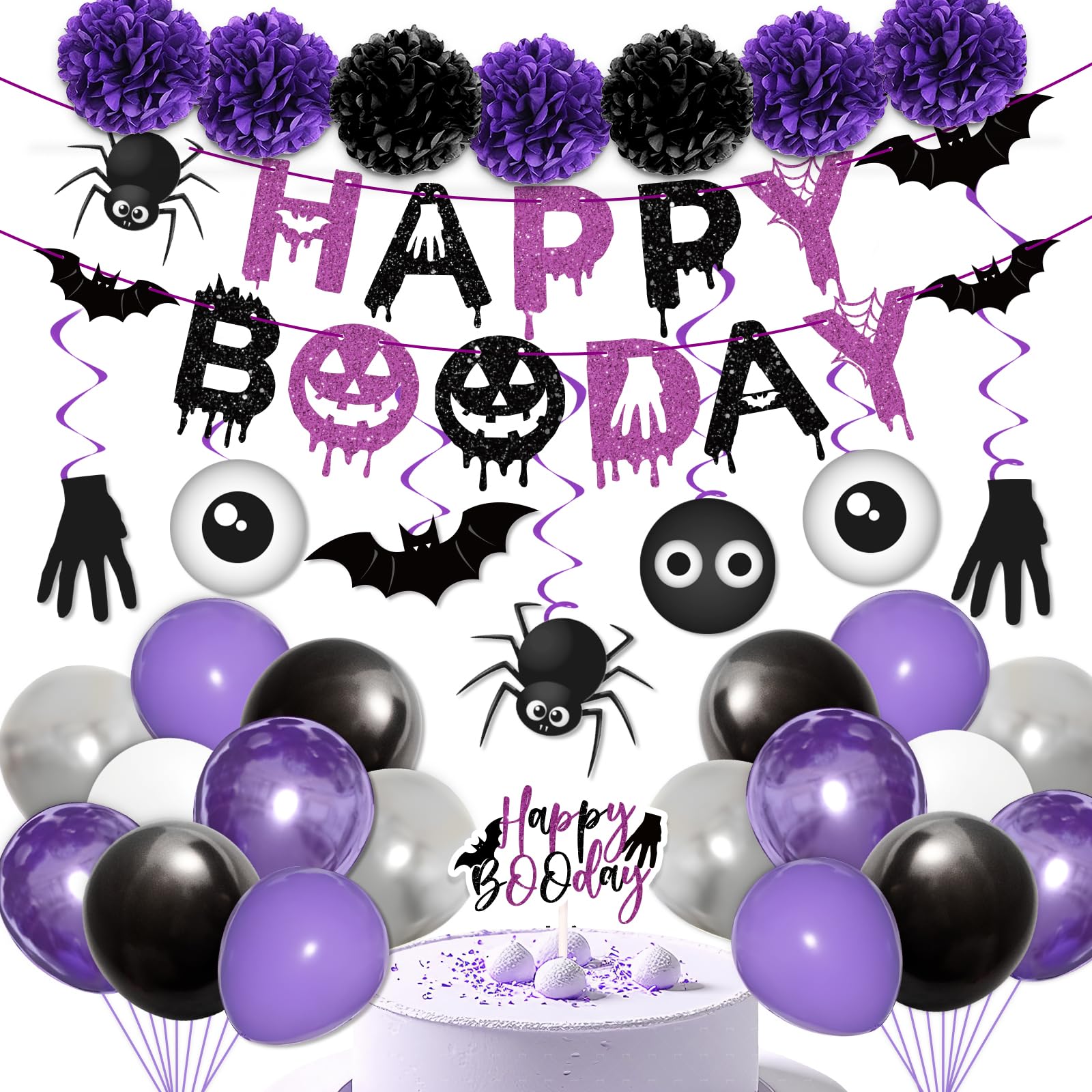 Halloween Birthday Party Decorations Balloon Banner Paper Pompom Cake Topper Hanging Swirl for Halloween Happy Boo Day Party Supplies