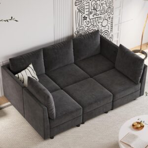 apicizon modular sectional sleeper sofa, 6 seats sleeper couch with storage ottomans, modern chenille sofa set with usb charging ports, comfy bed couches with chaise for living room, dark gray