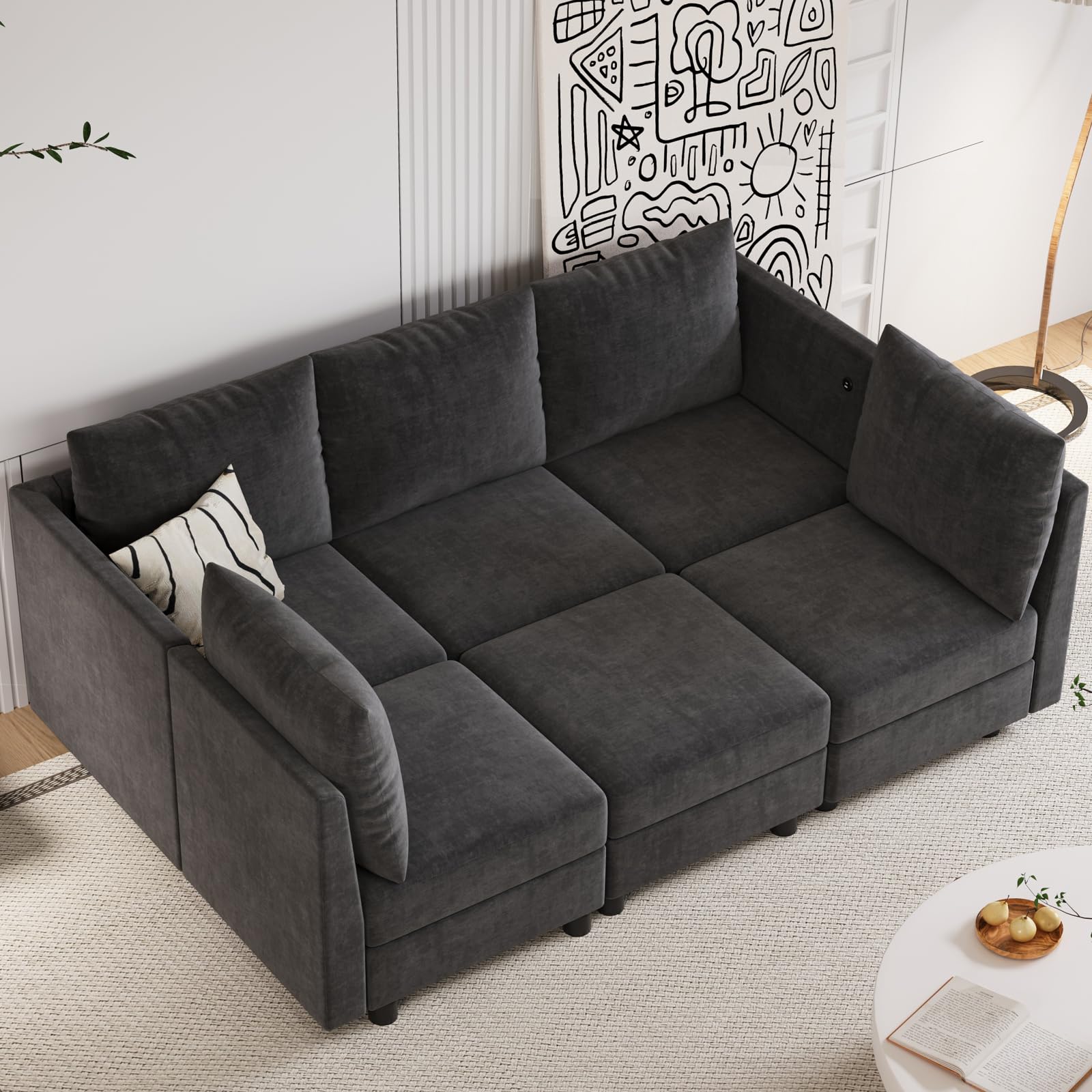 Apicizon Modular Sectional Sleeper Sofa, 6 Seats Sleeper Couch with Storage Ottomans, Modern Chenille Sofa Set with USB Charging Ports, Comfy Bed Couches with Chaise for Living Room, Dark Gray