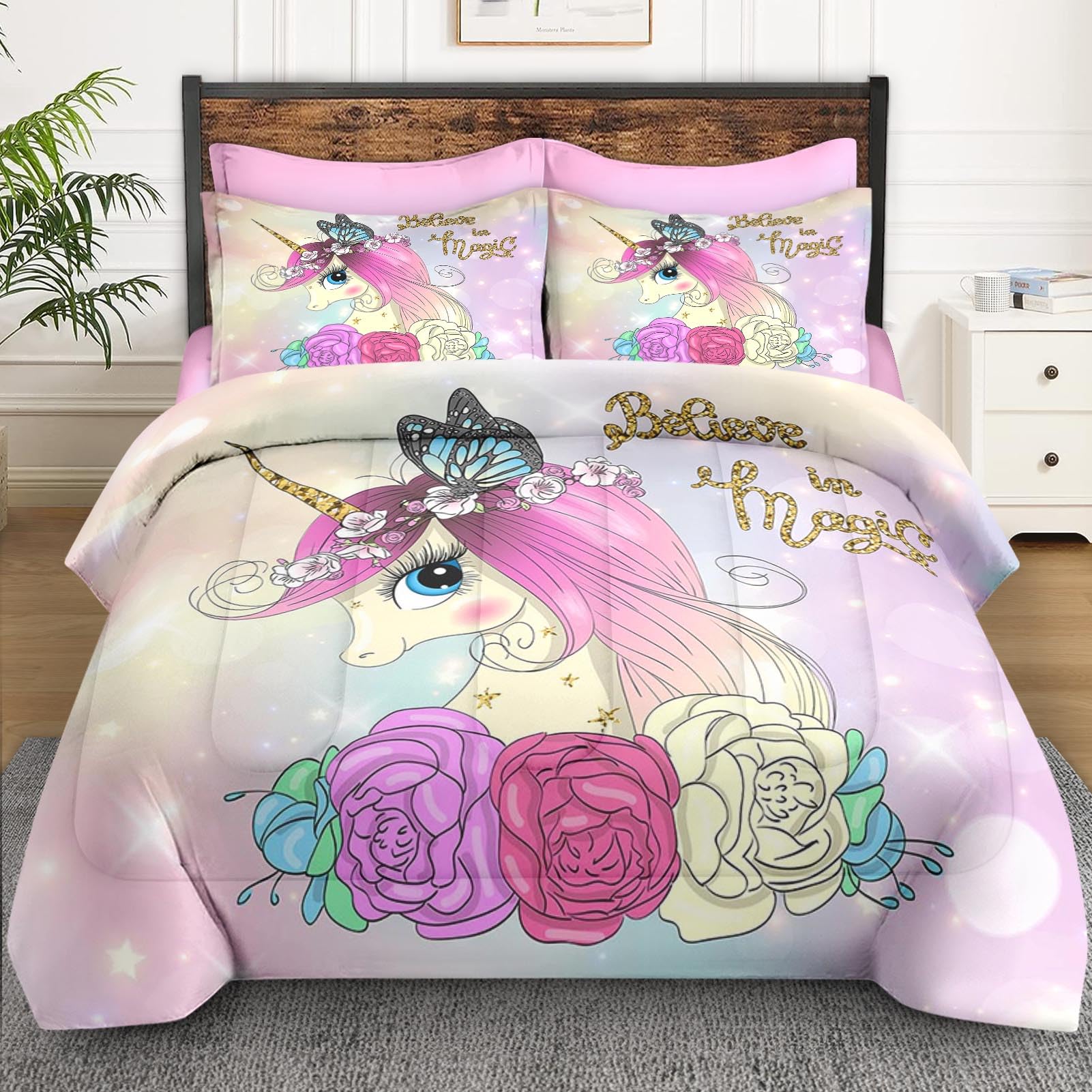 WeCozy 7 Pcs Full Size Comforter Set with 2 Pillowcases & 2 Shams, Cute Unicorn Butterfly Bedding Set for Kids and Adults, Princess Flower Horse Bed in a Bag with Flat Sheet and Fitted Sheet