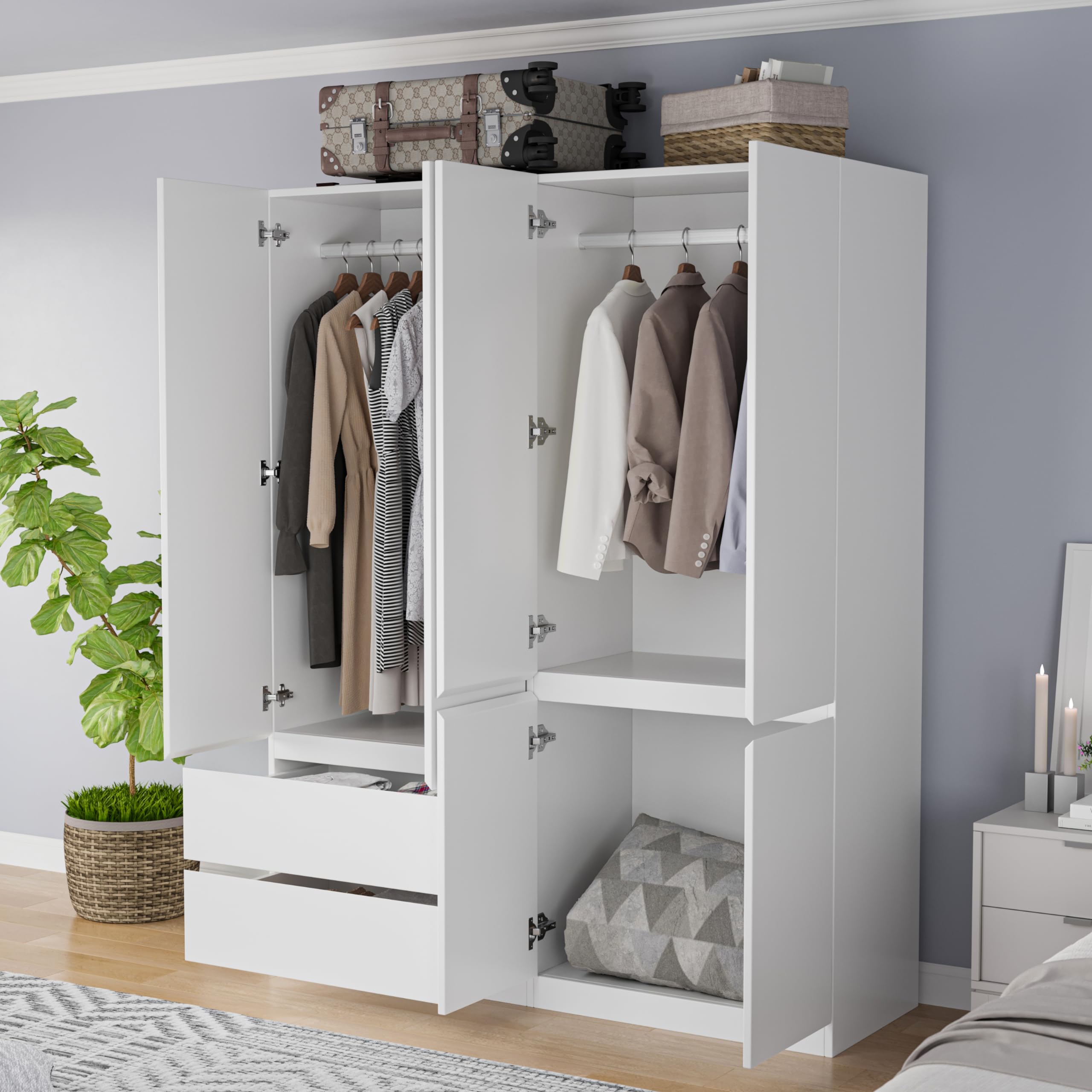 Mekminop Armoire Wardrobe Closet with Drawers and Doors, 4 Door 2 Drawers White Bedroom Armoires Wooden Wardrobe with Shelves and Hanging Rod, 20.39" D x 63" W x 78.74" H