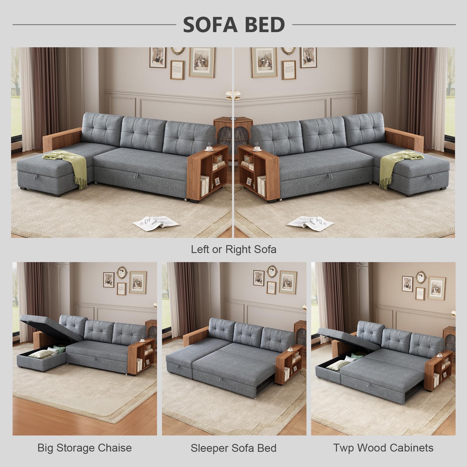 CAPCAEK Convertible Sectional Sofa Couch,L-Shaped Sofa,Linen Fabric,Sleeper Sofa,Pull Out Couch Bed,with Storage Chaise for Apartments with Two Small Counters (Light Grey)