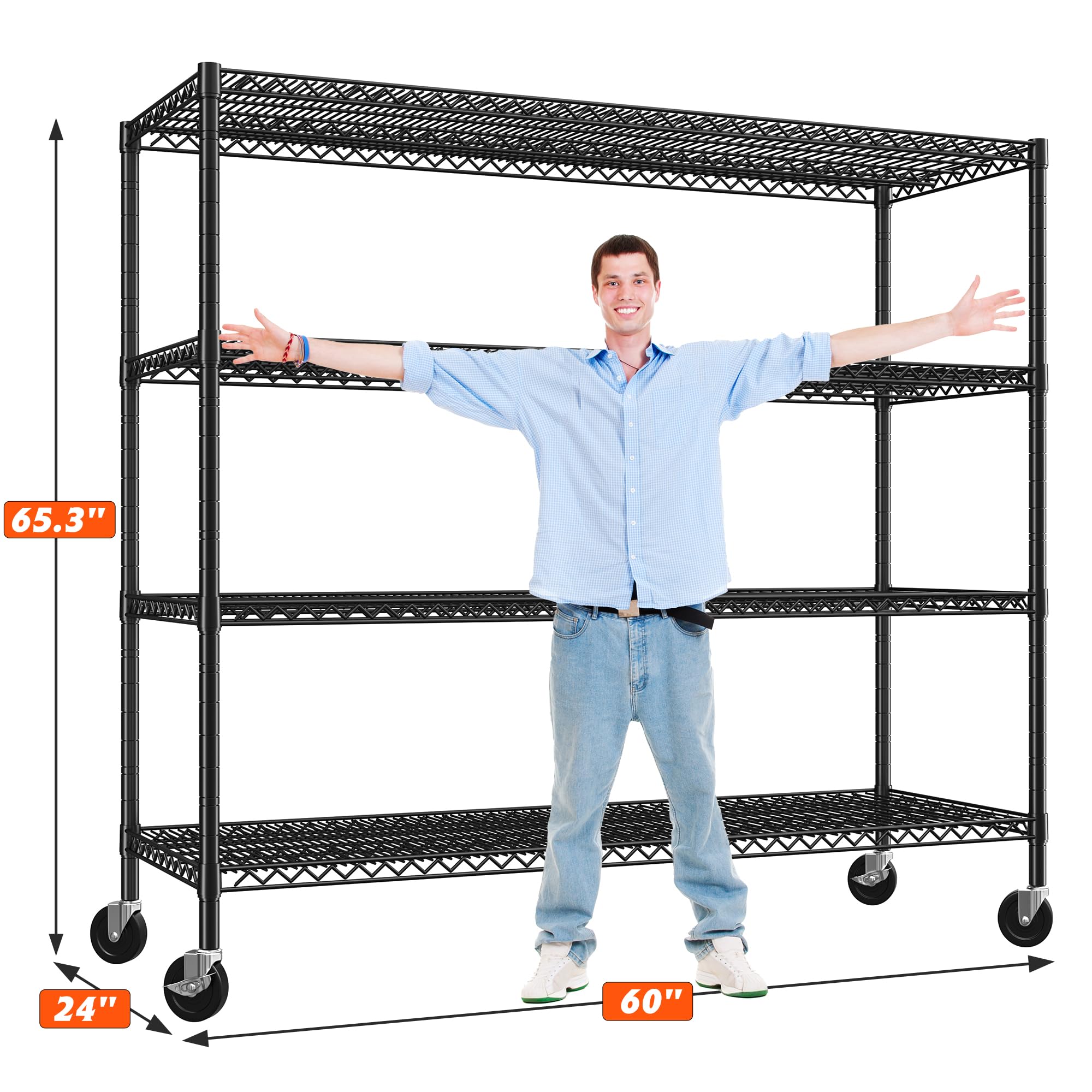 REIBII 60" W Storage Shelves 3000 LBS Wire Shelving Unit with Wheels Heavy Duty Shelving Adjustable Metal Shelves for Garage,Pantry,Kitchen,Business,Warehouse,60”W ×24”D×65.3”H