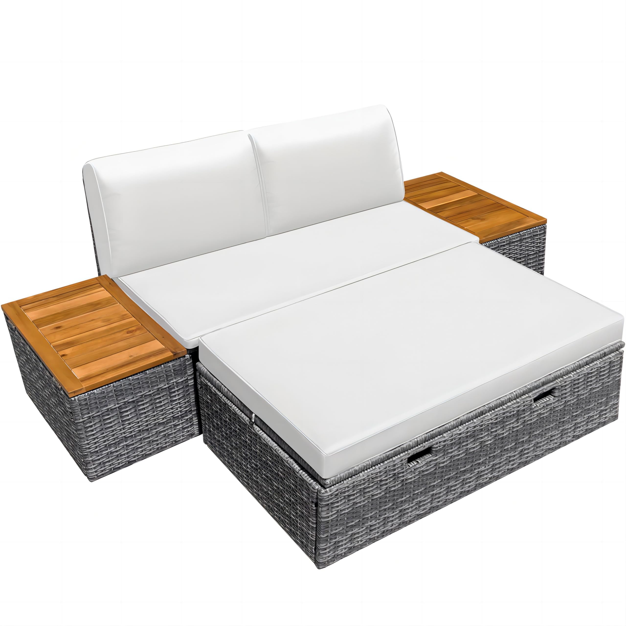 Greesum Outdoor Daybed Set Multifunctional Wicker Lounge Bed Furniture with Two Side Tables, Cushions, Storage Bench for Porch Lawn Patio Beach, Onesize, White