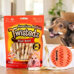 Suretails Bundle of Teeth Cleaning Durable Natural Rubber Pe, and Twistedz American Beefhide 5" Twist Sticks Dog Chew Treats w R, Pack of 2