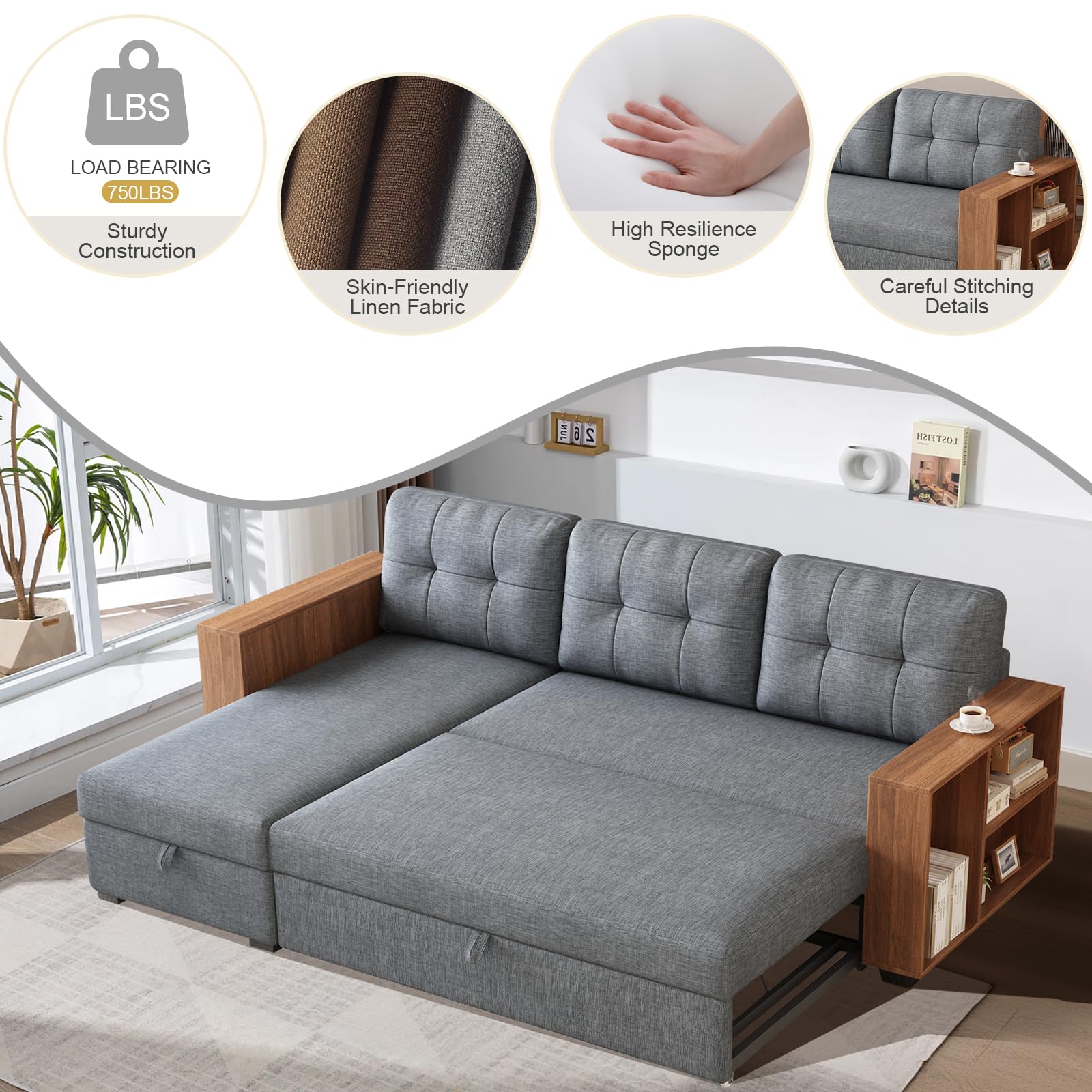 CAPCAEK Convertible Sectional Sofa Couch,L-Shaped Sofa,Linen Fabric,Sleeper Sofa,Pull Out Couch Bed,with Storage Chaise for Apartments with Two Small Counters (Light Grey)