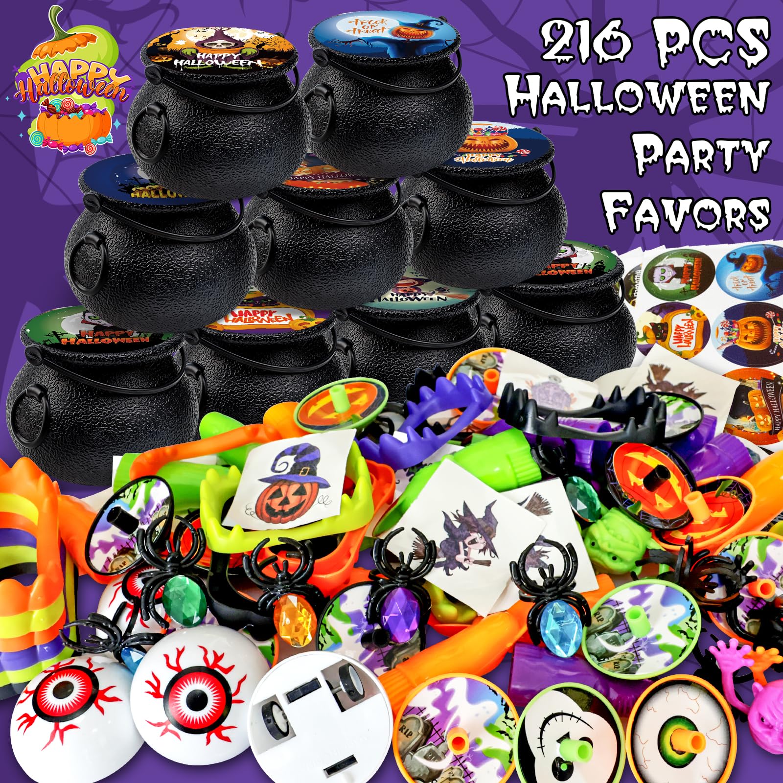 216PCS Halloween Party Favors, 24 Pack Prefilled Small Plastic Witch Cauldron with Assorted Halloween Bulk Halloween Goodie Bag Fillers Halloween Prizes Miniatures Trick or Treat