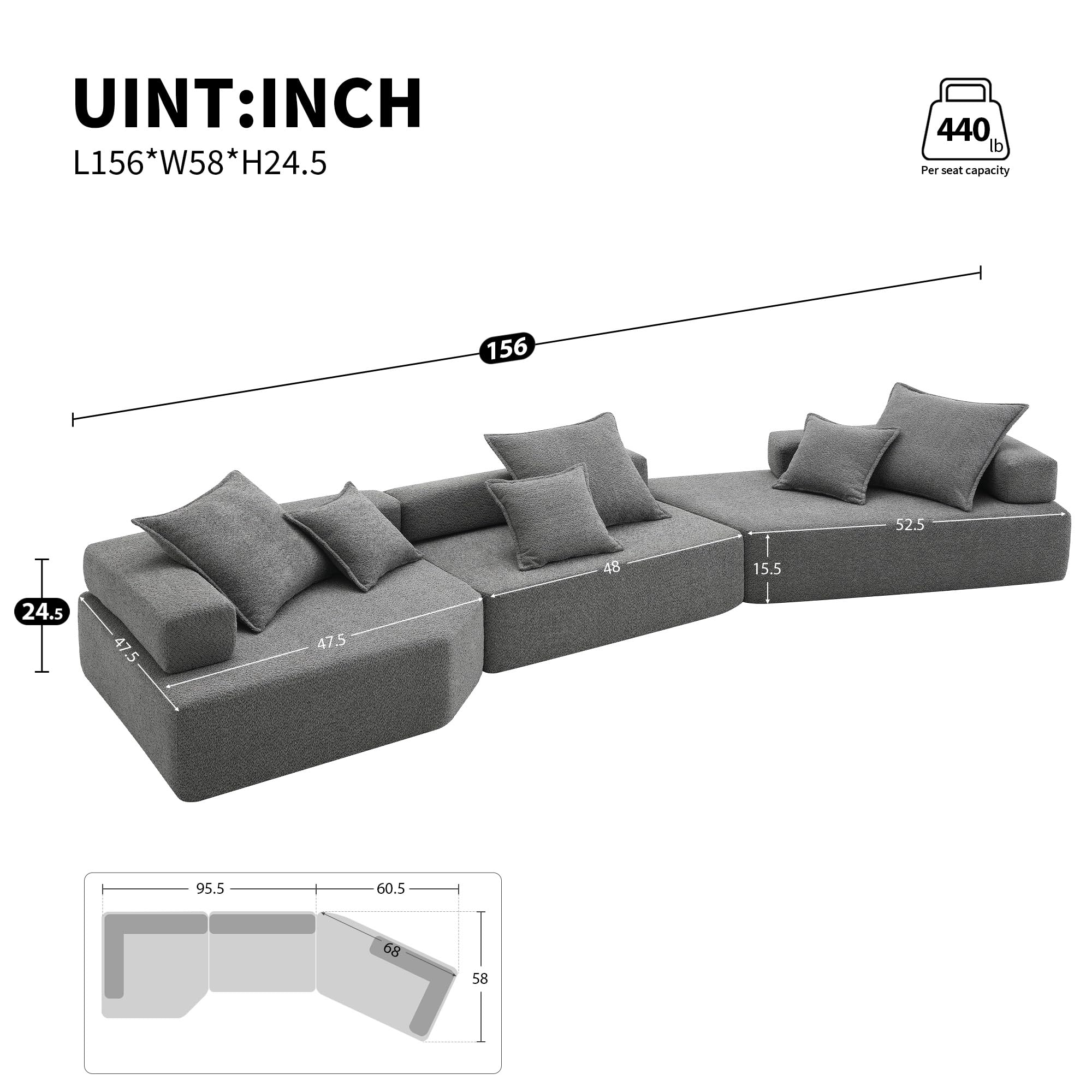 LUMISOL 3 Piece Modular U Shaped Boucle Floor Couch Set, Spacious Sectional Sofa Couch for Living Room, Foam-Filled Sofa Bed for Apartment Office, Convertible Sleeper Couch, Gray