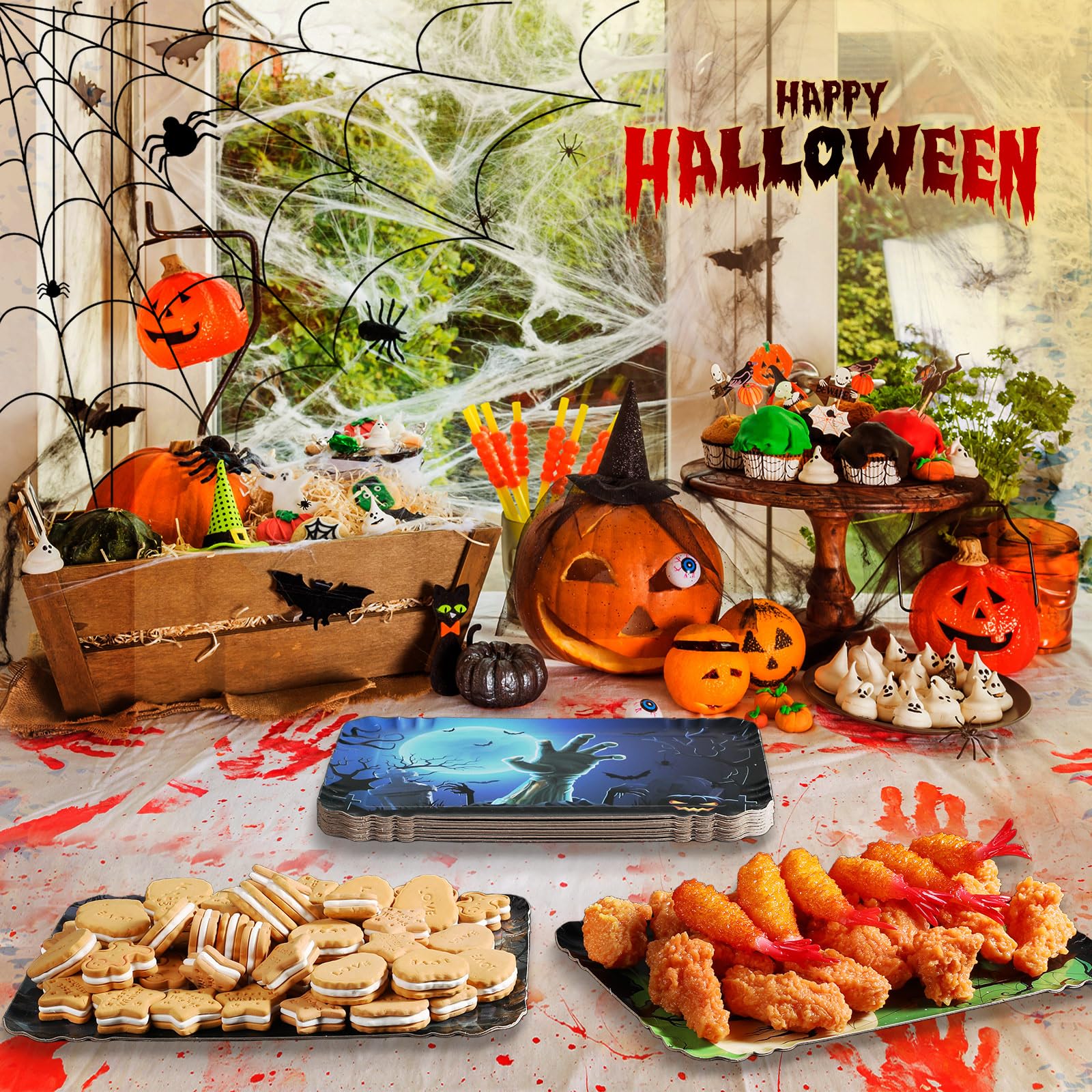 Rtteri 10 PCS Halloween Serving Trays Party Decorations 11 x 7.5 Halloween Food Trays Halloween Tray Halloween Party Trays for Halloween Theme Dessert Cupcake Birthday Party Tableware Supplies