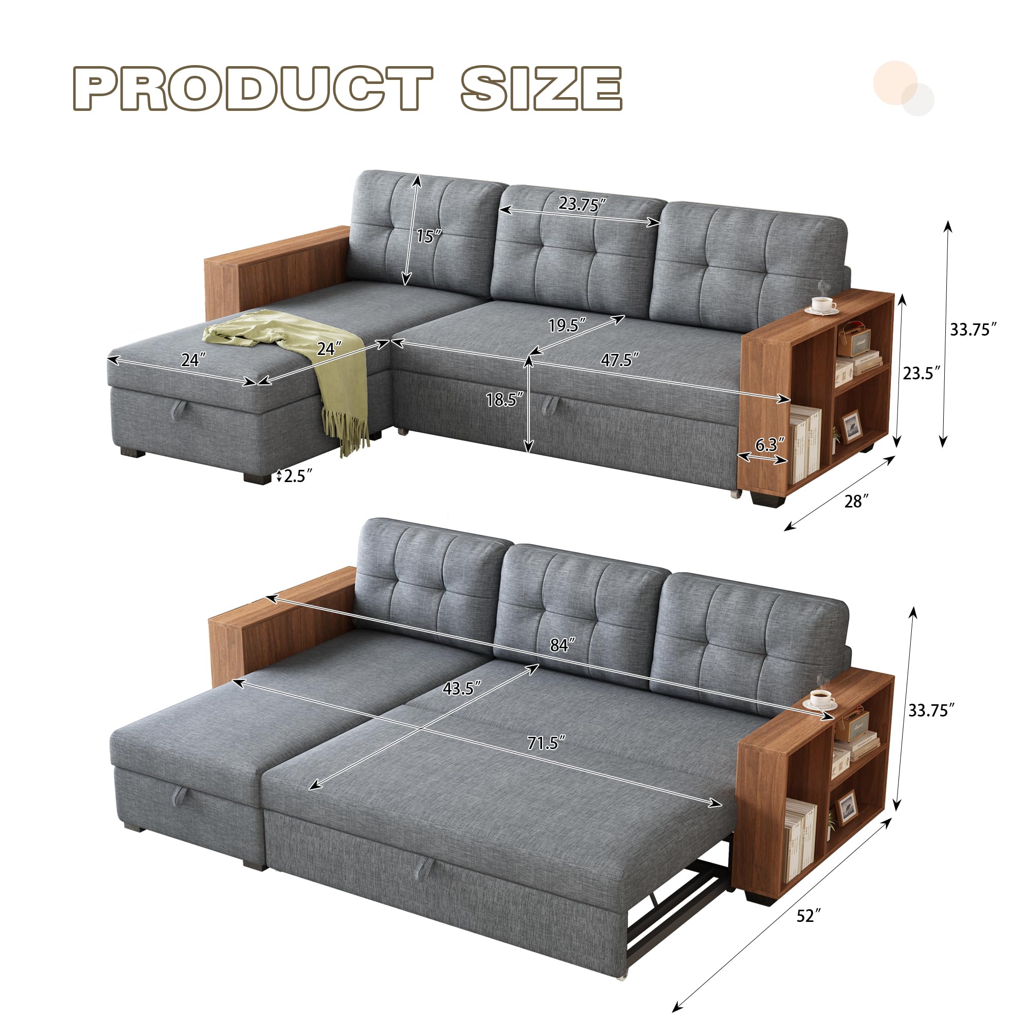 CAPCAEK Convertible Sectional Sofa Couch,L-Shaped Sofa,Linen Fabric,Sleeper Sofa,Pull Out Couch Bed,with Storage Chaise for Apartments with Two Small Counters (Light Grey)