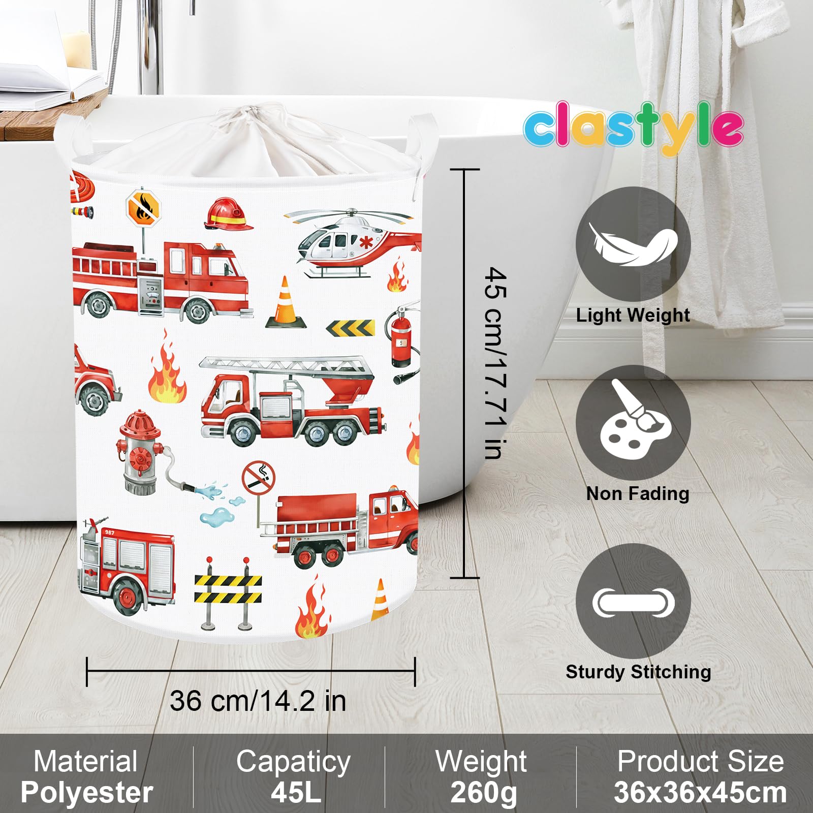 Clastyle Large Red Fire Engine Kid Laundry Hamper for Boy Collapsible Dog Clothes Toy Storage Basket with Lid for Nursery