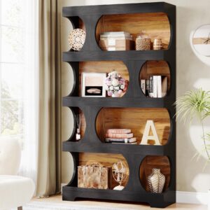 tribesigns 71" tall bookcase, 4-tier s-shaped bookshelf, wood decorative storage shelving, modern freestanding display shelves, large library book shelf unit for home office living room bedroom, black