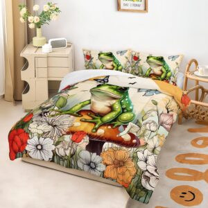 AILONEN Cartoon Frog Comforter Set Twin Size,Butterfly Comforter Set,Nature Plant Fungus Flower Frog Bedding Set Decor,3 Piece Fantasy Sunset Abstract Yellow Comforter with 2 Pillowcases