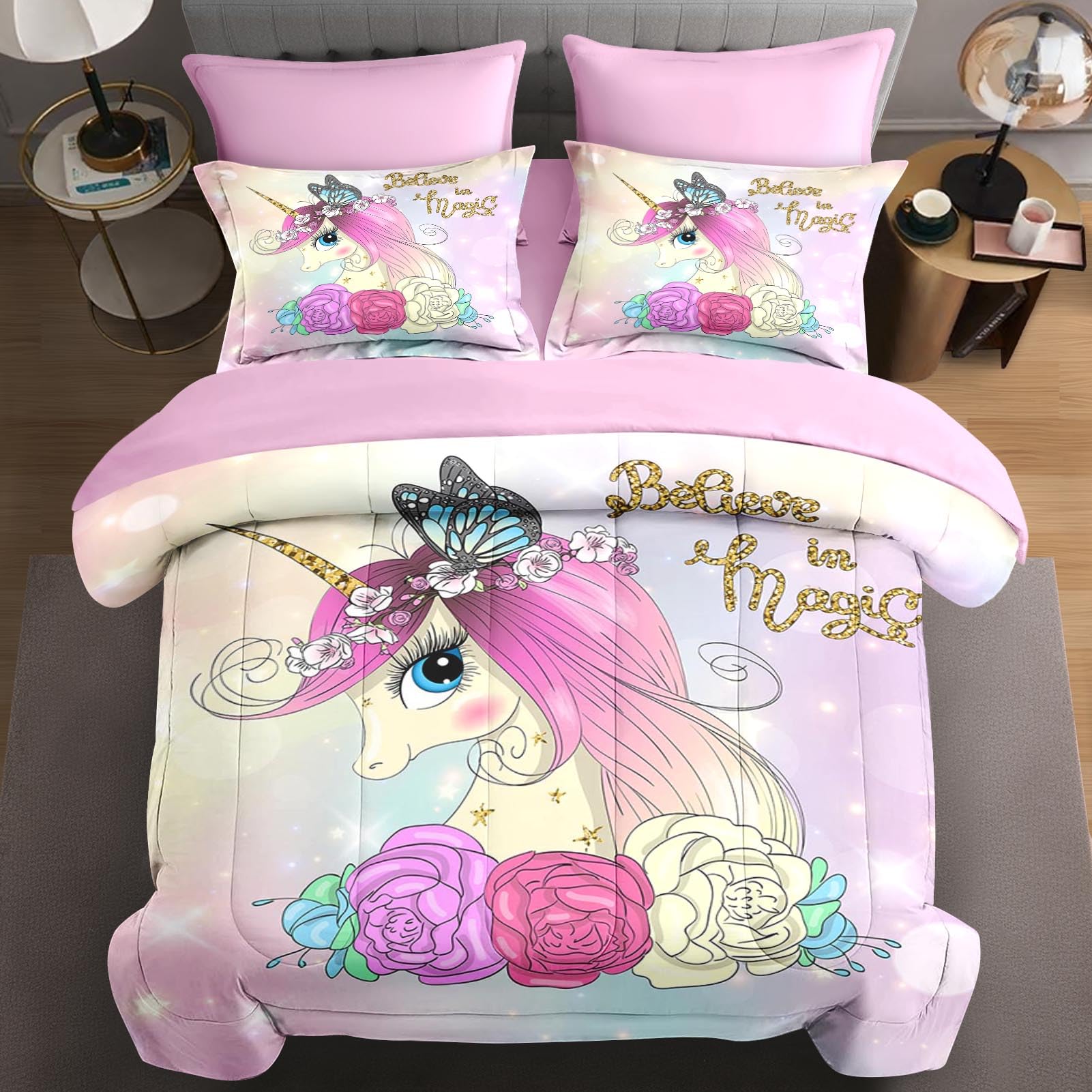 WeCozy 7 Pcs Full Size Comforter Set with 2 Pillowcases & 2 Shams, Cute Unicorn Butterfly Bedding Set for Kids and Adults, Princess Flower Horse Bed in a Bag with Flat Sheet and Fitted Sheet