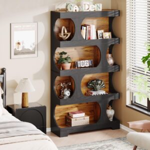 Tribesigns 71" Tall Bookcase, 4-Tier S-Shaped Bookshelf, Wood Decorative Storage Shelving, Modern Freestanding Display Shelves, Large Library Book Shelf Unit for Home Office Living Room Bedroom, Black