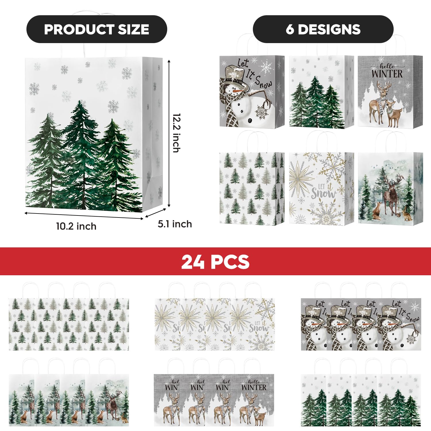 Horaldaily 24 Christmas Gift Paper Bags Bulk with handles Wrapping, Christmas Trees Snow Snowman Deer Holiday Presents(24 Large)