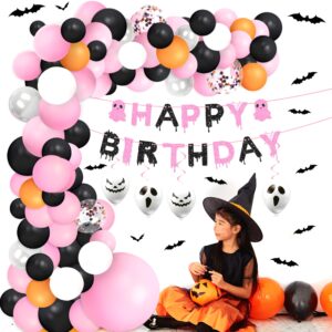 Halloween Pink Birthday Party Decorations Balloon Arch Foil Balloon Banner Bat Hanging Swirl for Halloween Happy Boo Day Baby Shower Party Supplies