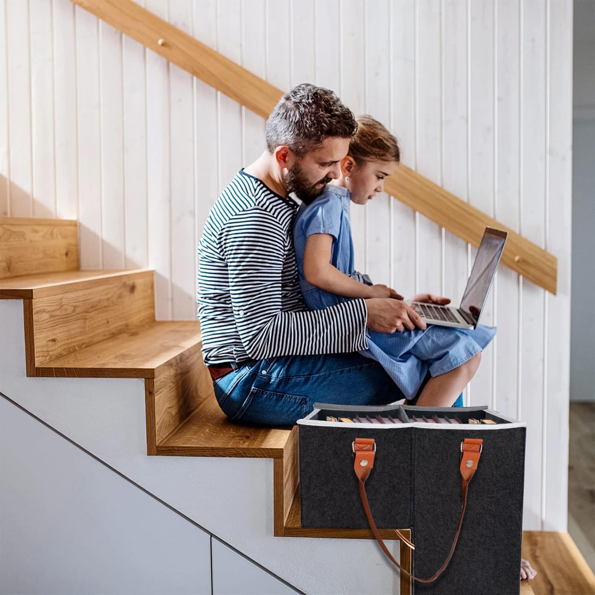 JVC Valley Detachable Felt Stair Basket for Wooden and Carpet Stairs| 8.5” Step Sturdy Storage Organizer with Removable Leather Straps for Home, Laundry, and Office - Dark Grey