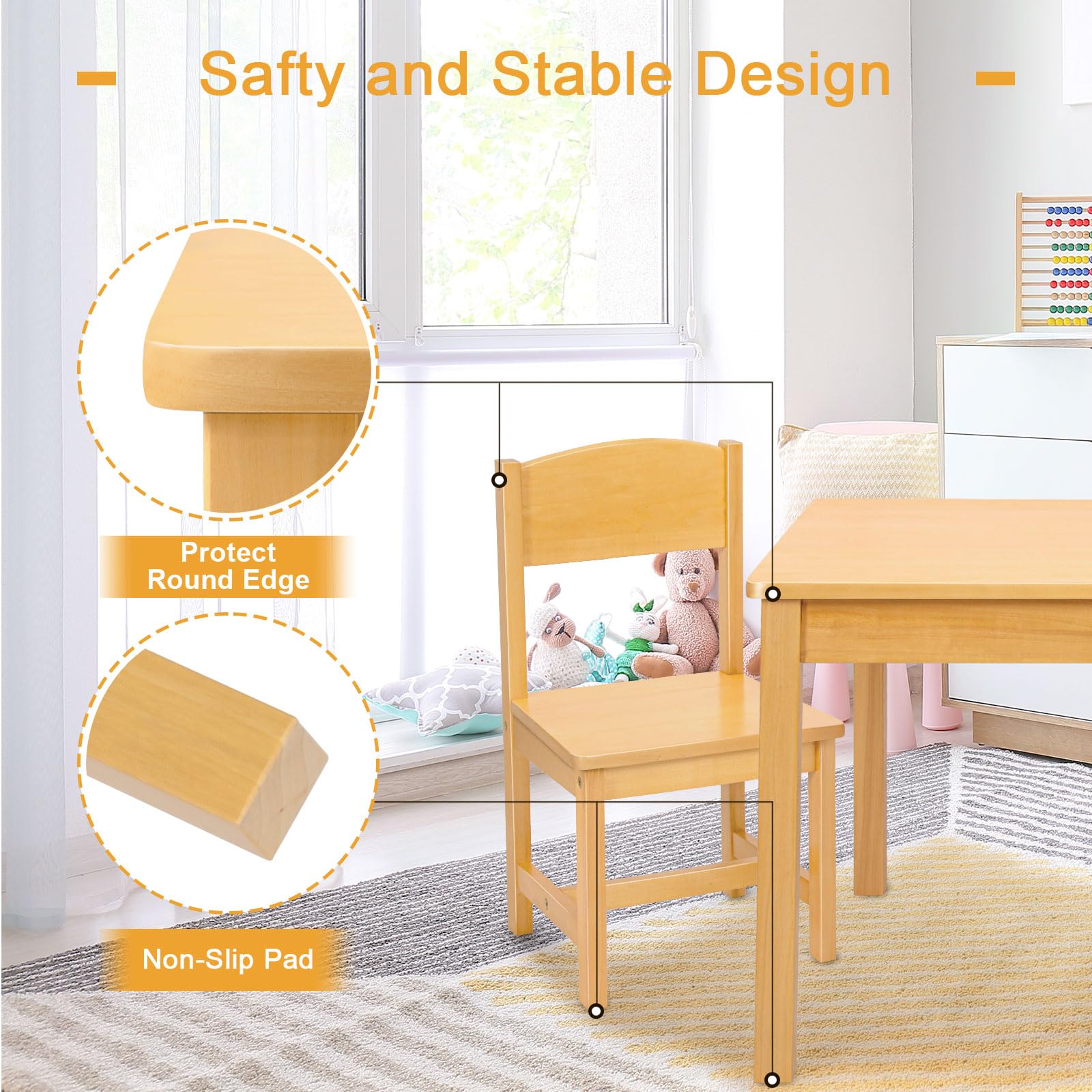 Romswi 3 in 1 Solid Wood Kids Table and Chair Set,with Stable and Sturdy Table and Chair Stood., for Arts, Crafts, Reading, Preschool, Kindergarten, Playroom,Gift for Ages 5-12