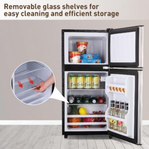 OOTDAY 4.0 Cu.Ft Mini Fridge, Apartment Refrigerator, Samll Refrigerator with Freezer, Dorm Refrigerator for Apartment, Office, Kitchen, Dorm, Compact Refrigerator with 7 Temperature Modes, Silver