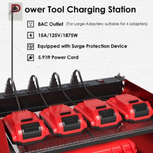 TLGREEN Power Tool Organizer Wall Mount with Charging Station, 4 Drill Holder Built in 8 Outlet Power Strip, Tools and Battery Storage Rack, for Tool Room, Garage Organization, Workshop