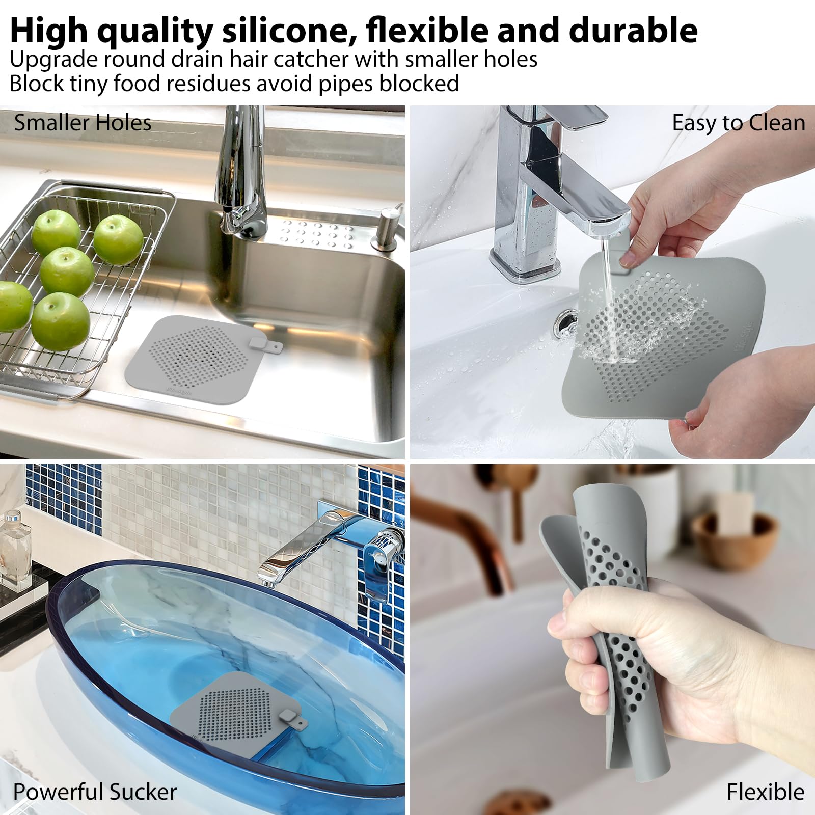 Shower Drain Hair Catcher, 5.9 inch Silicone Square Drain Cover Protector Hair Stopper Trap Flat Strainer, Home Protectors Sink Cover for Bathroom, Kitchen, Laundry, RV - 2 Pack, Gray