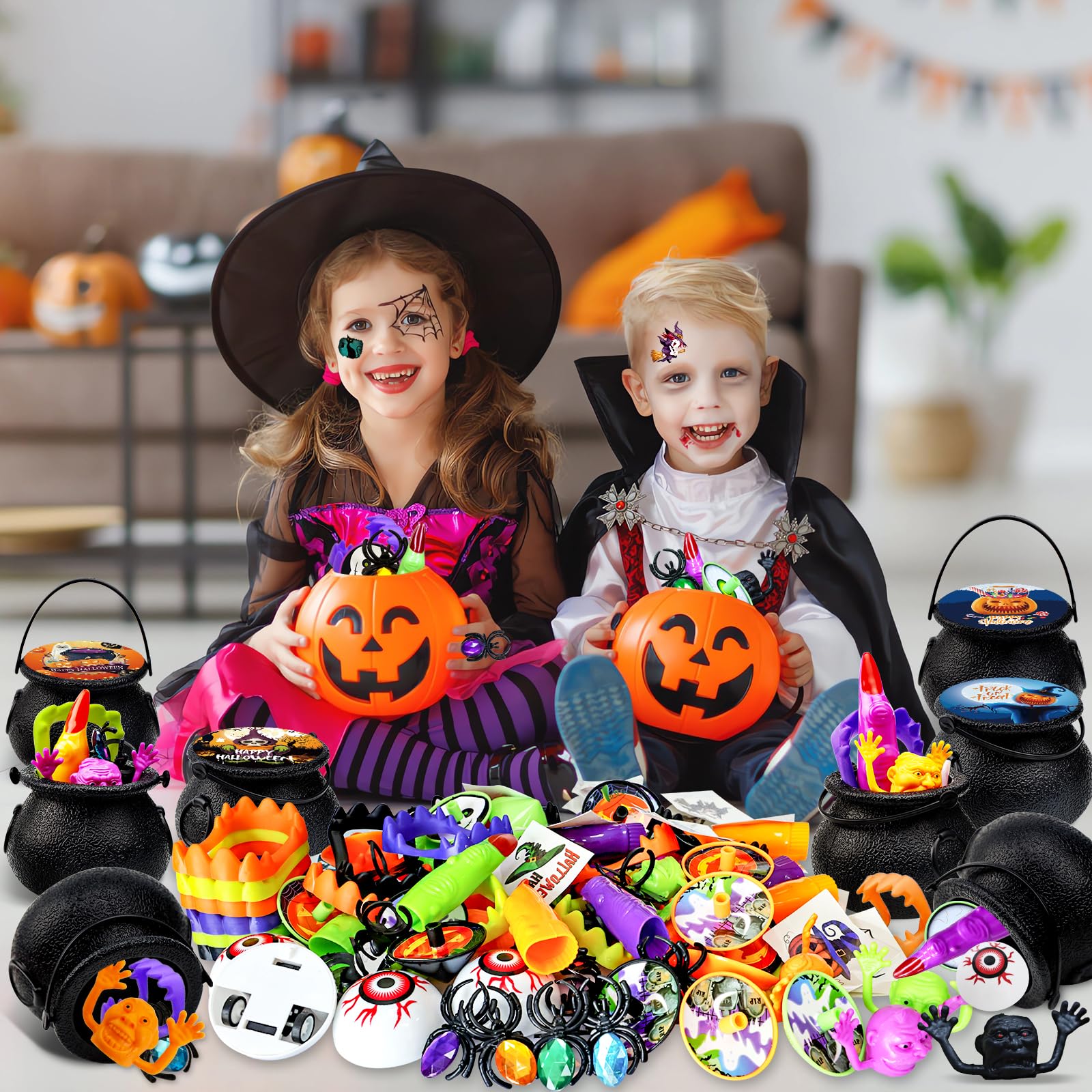 216PCS Halloween Party Favors, 24 Pack Prefilled Small Plastic Witch Cauldron with Assorted Halloween Bulk Halloween Goodie Bag Fillers Halloween Prizes Miniatures Trick or Treat