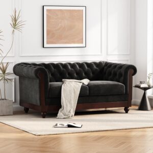 lumisol 59" chesterfield loveseat with rolled arms, modern velvet sofa 2-seater tufted couch with nailhead and solid wood legs for living room, bedroom, office, black