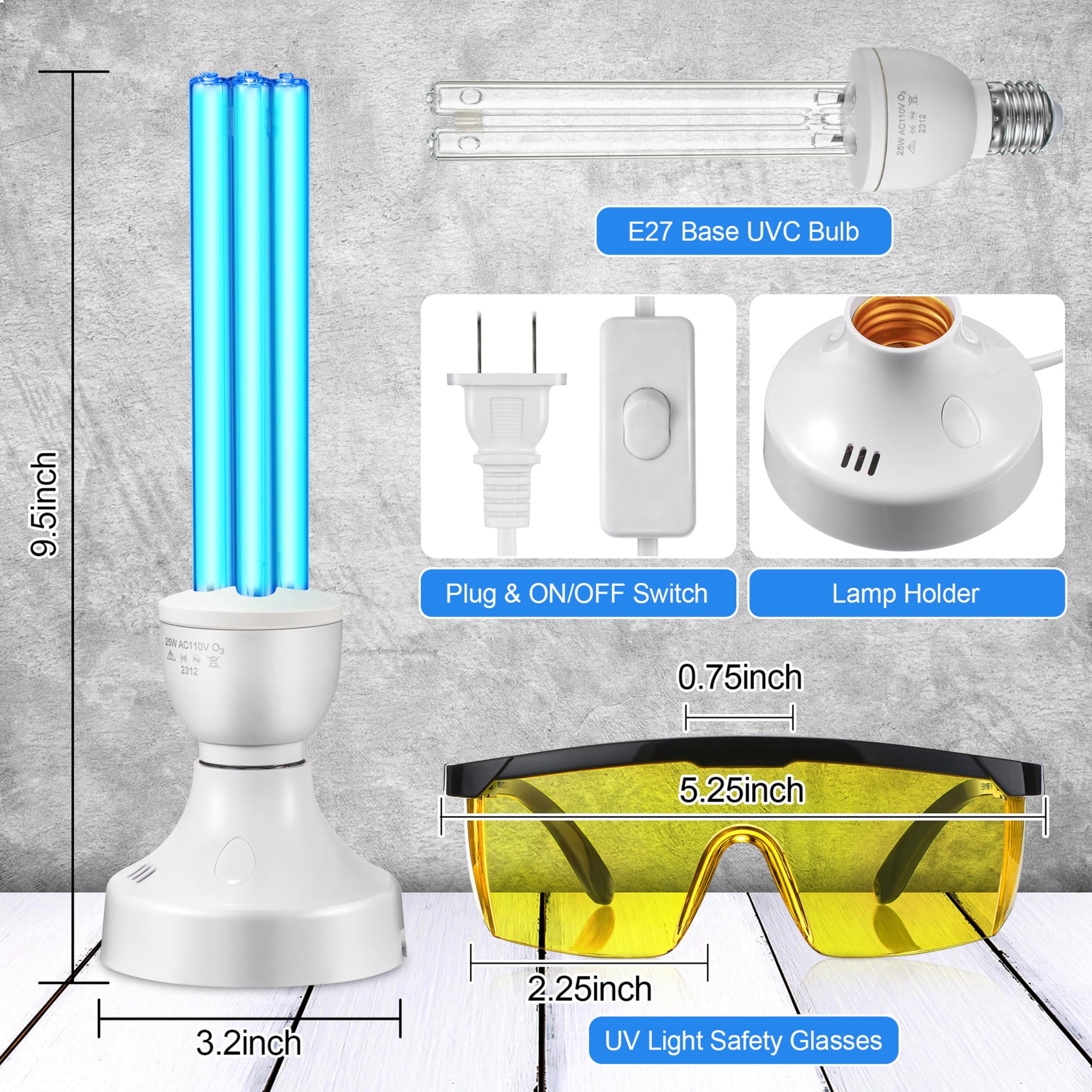 Qualirey 25 Watt UV Light Sanitizer, UVC Lamp with E27 Base and Remote Control and UV Protection Glasses, UV Light Bulb for Basement, Bedroom, Kitchen, with Ozone