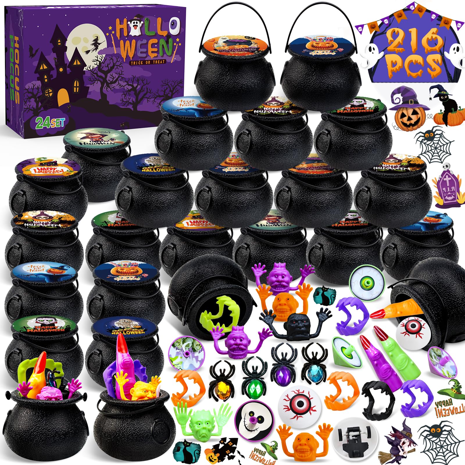 216PCS Halloween Party Favors, 24 Pack Prefilled Small Plastic Witch Cauldron with Assorted Halloween Bulk Halloween Goodie Bag Fillers Halloween Prizes Miniatures Trick or Treat