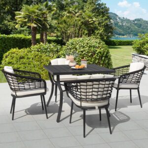 NUU GARDEN 5 Pieces Outdoor Dining Sets with Patio Aluminium Dining Table and 4 Wicker Rattan Chairs Modern Furniture Cushions Sets for Backyard Indoor Decor Kitchen,Black and Beige